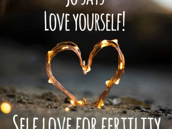 heart made of string light on a barren path with the words jo says love yourself self love for fertility