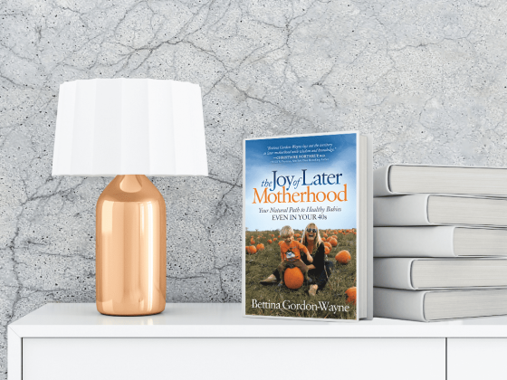 The Joy of Later Motherhood: Your Natural Path to Healthy Babies Even in Your 40’s book on a white chest of draws and a gold lamp to the left with a white lampshade