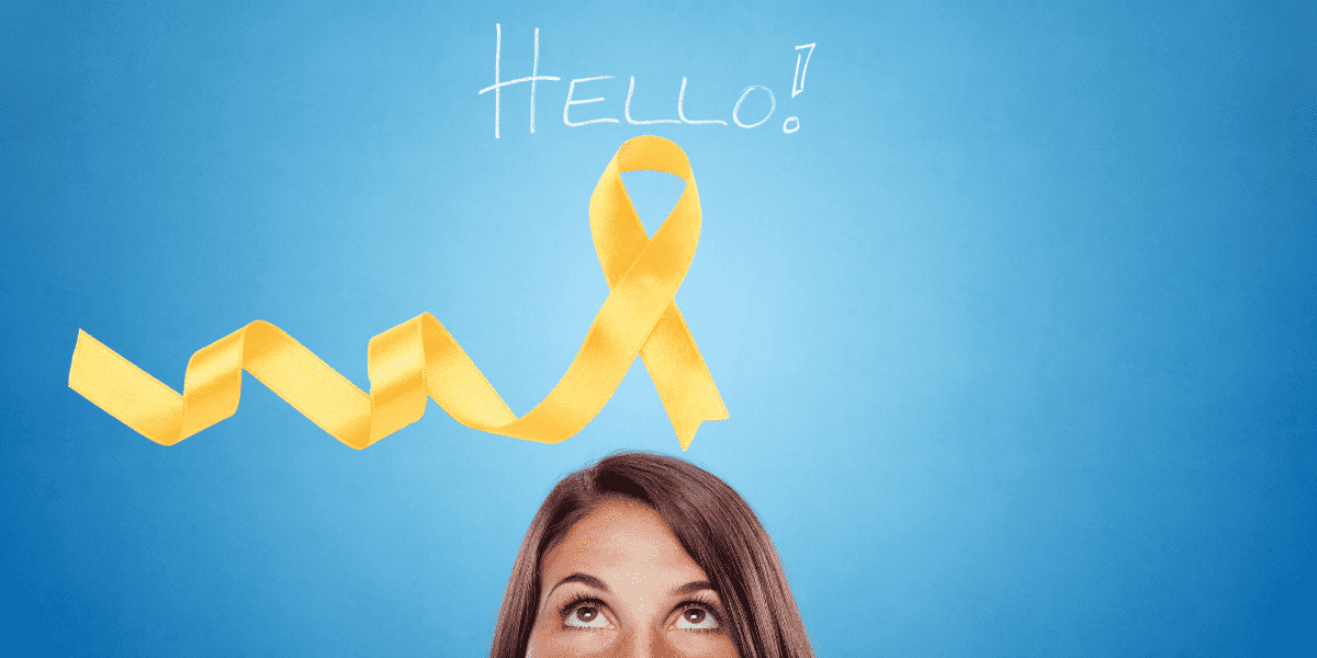 blue background woman looking up from centere bottom at the yellow endo awareness ribbon and the word hello!