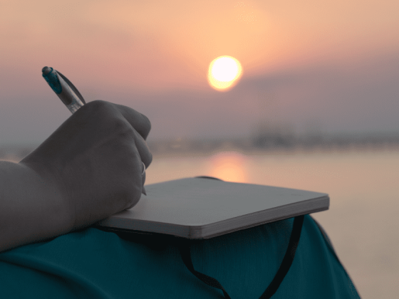 woman in a blue dress writing a letter with the evening sun low in the sky illustrating the article Dear Future Egg Donor Mama