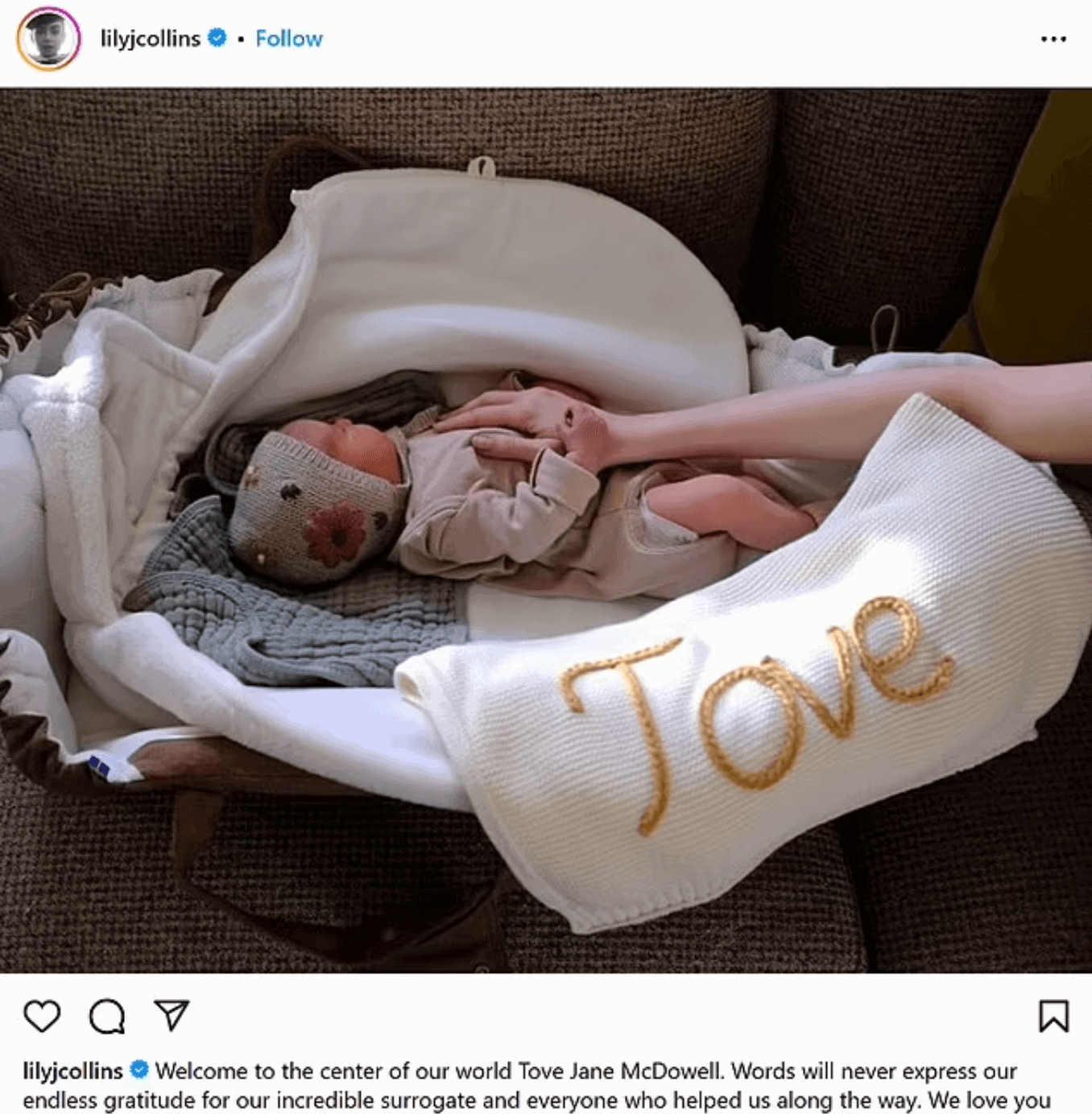 Tove Lily Collins baby 2025